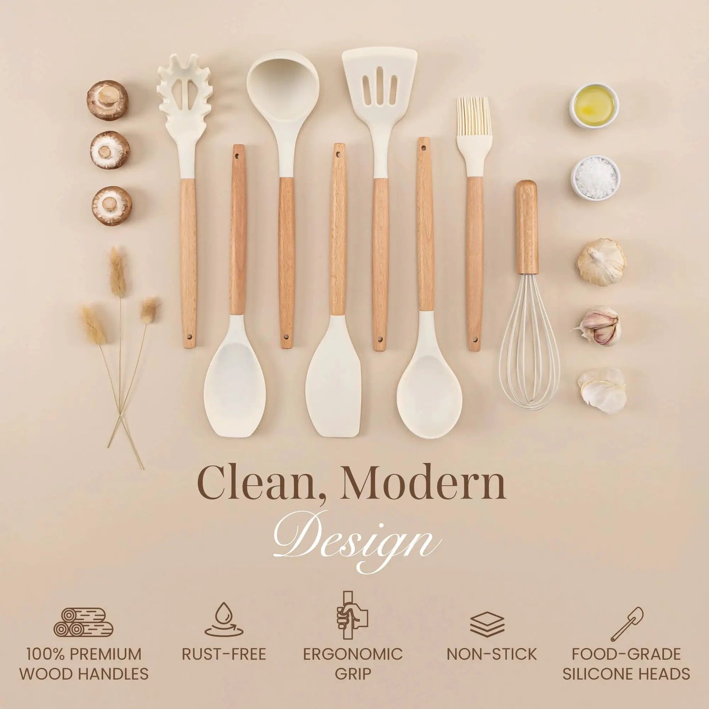 Professional 10 piece kitchen silicone spatula set wooden ladle egg beater, oil brush, barbecue clamp, scraper, kitchen utensils from PriceLows™