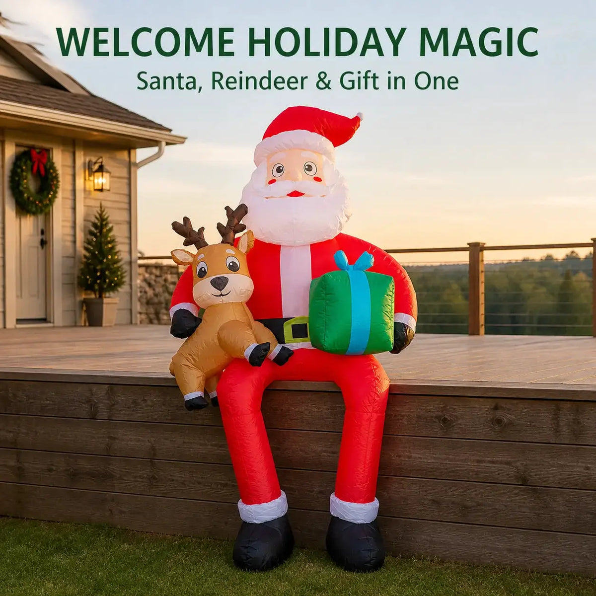 Inflatable Sitting Santa | 9.5ft | Led Reindeer Pair | Yard Decor