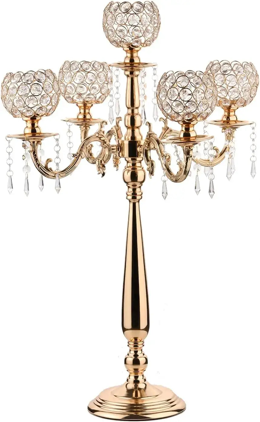 Candelabra | 5 Arm | Gold Metal And Crystal | Table Centerpiece