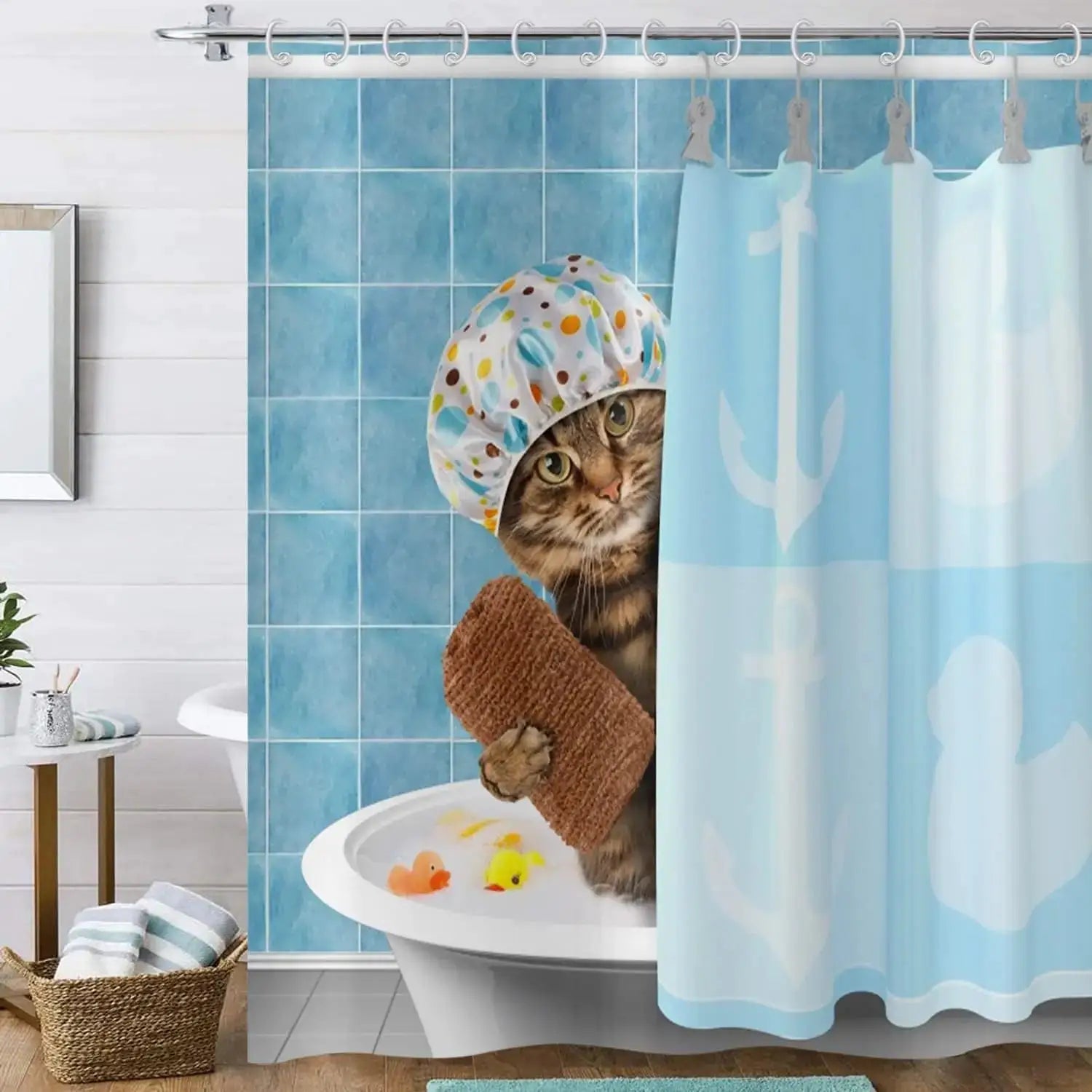 Cute Cat Blue Children Shower Curtain Waterproof Washable Polyester Material Bathroom Decorative Curtain with Hook from PriceLows™