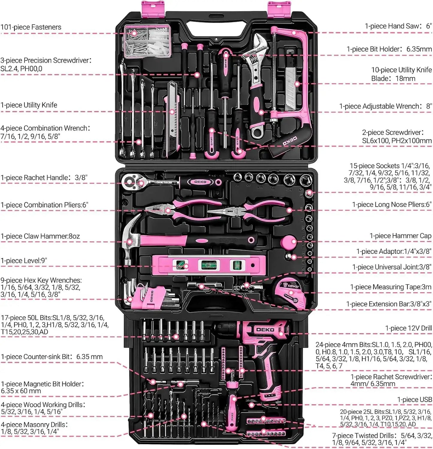 Pink Tool Kit Box with 12V Cordless Drill Set for Home Repair and DIY Projects, 238-Piece Hand Tool Combo with Storage Organizer from PriceLows™