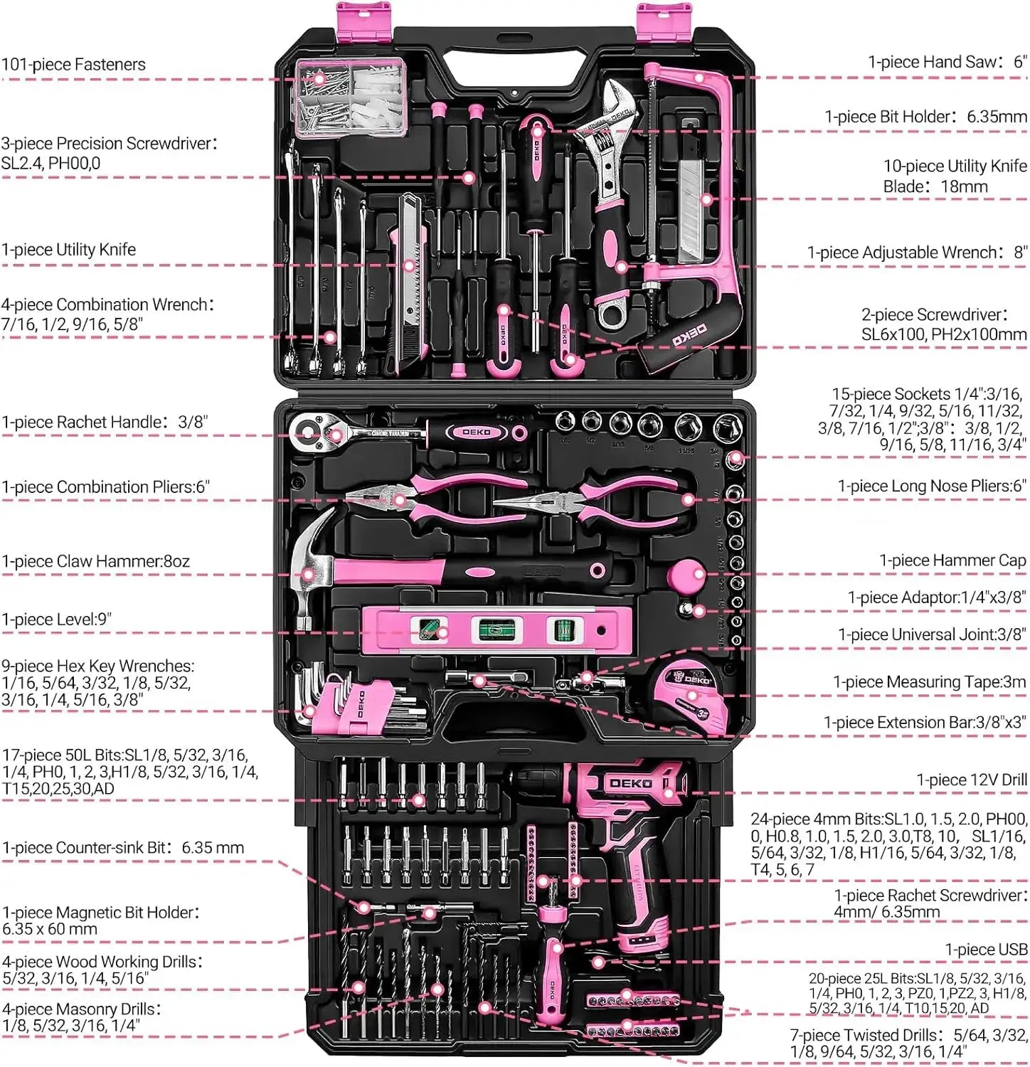 Pink Tool Kit Box with 12V Cordless Drill Set for Home Repair and DIY Projects, 238-Piece Hand Tool Combo with Storage Organizer from PriceLows™