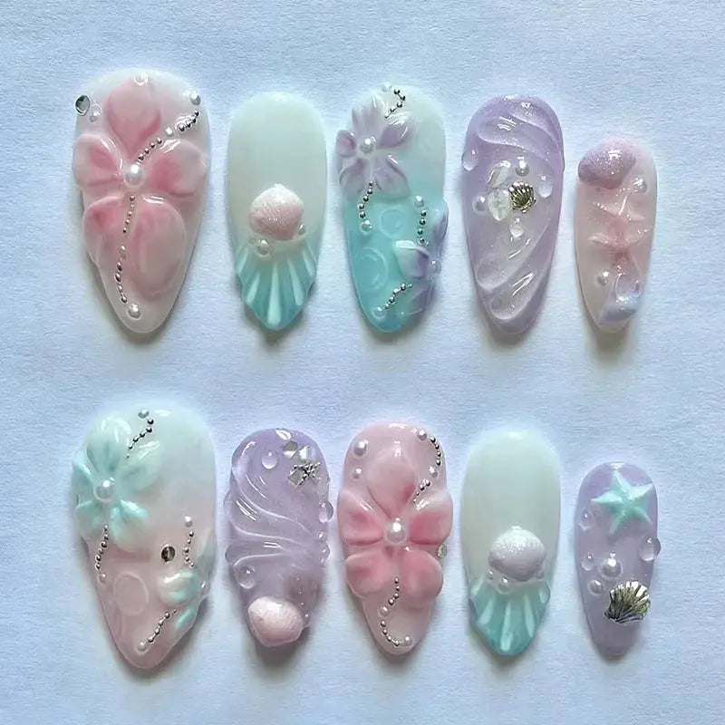 Almond Press On Nails | Acrylic Finish | Pearl Flower Design | 24 Piece Set