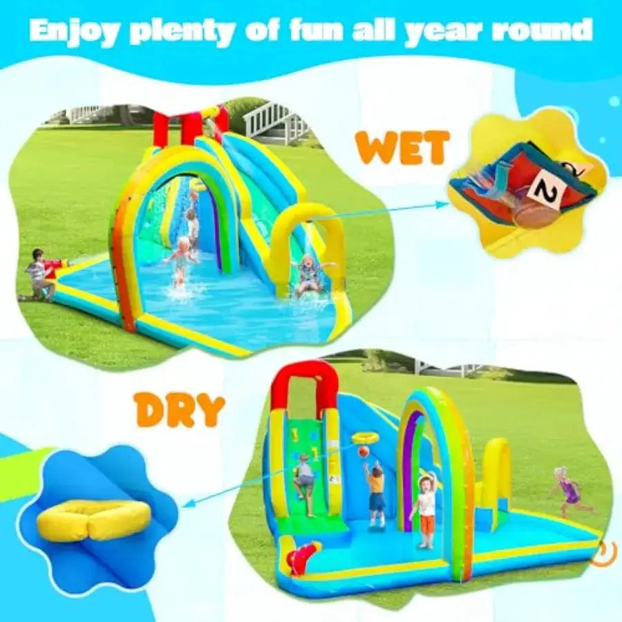 Inflatable Water Slide Park with Air Blower Bouncer House Rainbow Sprinkler Bouncy Castle for Climbing Wall Splash Pool from PriceLows™
