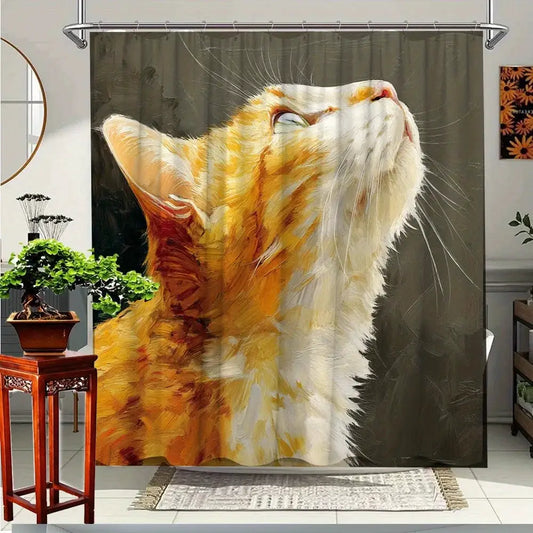 1pc Cat Oil Painting Shower Curtain - Vibrant Feline Art Bathroom Decor, Durable Polyester Fabric with 12 Hooks, 70.8x70.8 Inche from PriceLows™