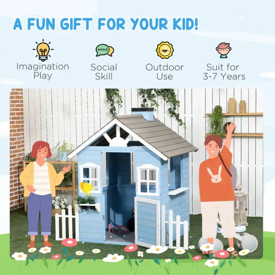 Wooden Playhouse for Outdoor with Flower Pot Holders Door Windows Service Stations for 3-7 Years Blue from PriceLows™