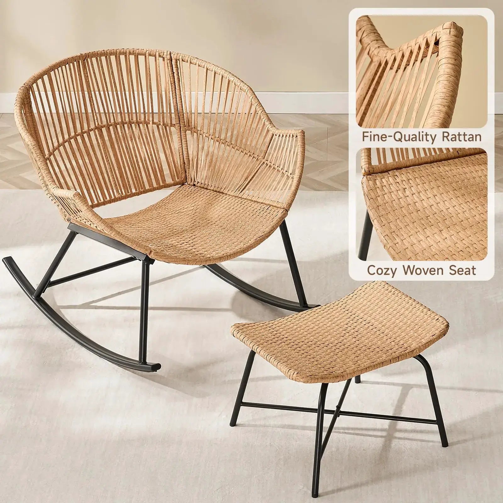 Grey Rattan Papasan Rocking Chair with Ottoman, Oversized Wicker Egg Patio Chair Indoor & Outdoor Lounge Rocker Chair for Garden from PriceLows™