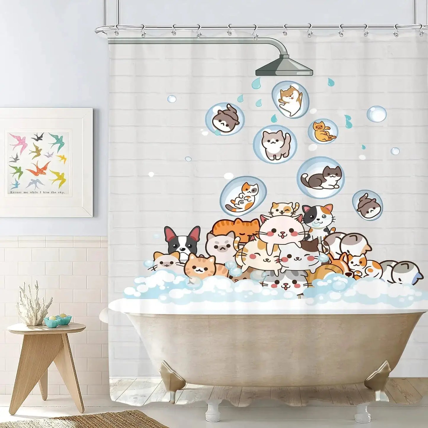 Cute Animals Bathing Cats Dogs Cartoon Shower Curtain Bath Head Bathtub Pattern Kids Child Bathroom Decor Polyester Bath Curtain from PriceLows™