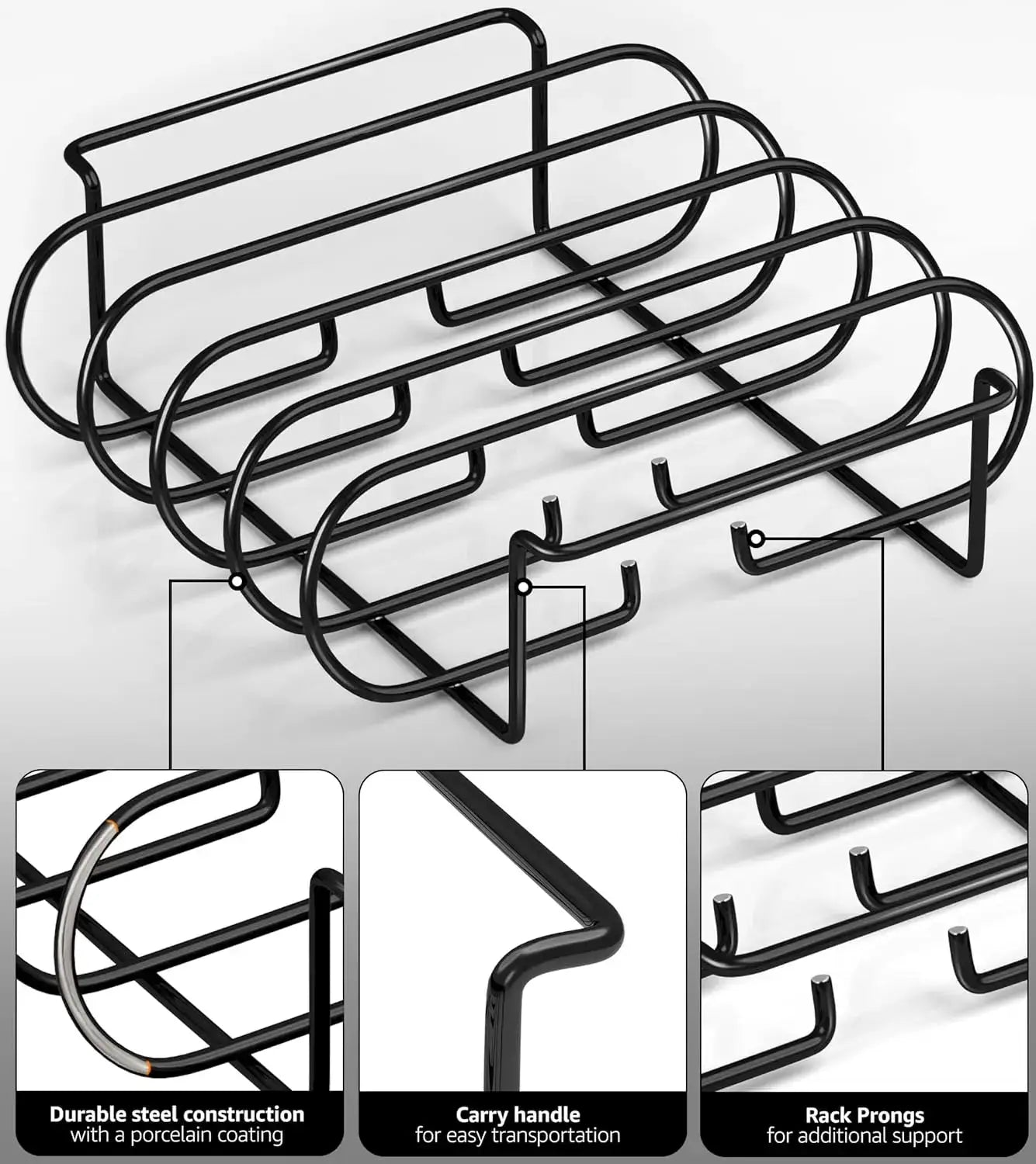 BBQ Rib Rack | Nonstick Coated Steel | Holds 4 Ribs | JT25t