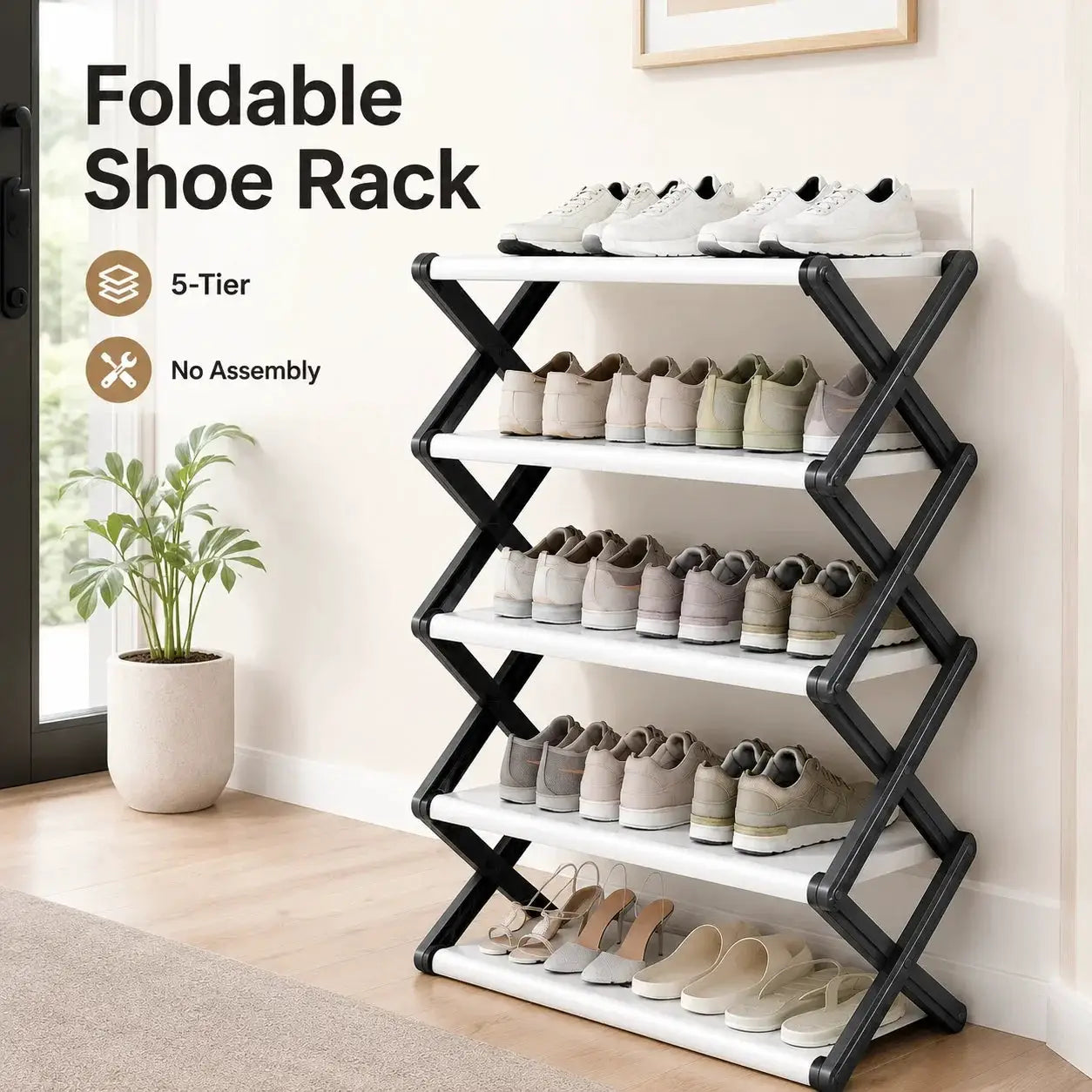 Joybos Foldable Shoe Rack, Space-Saving Entryway Shoe Organizer with Stable X-Frame, PP Shelves & Steel Tubes, No Assembly Needed from PriceLows™