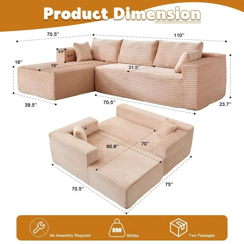 Sectional Sofa | L Shaped With Chaise | Beige Corduroy Fabric | Width Over 240cm