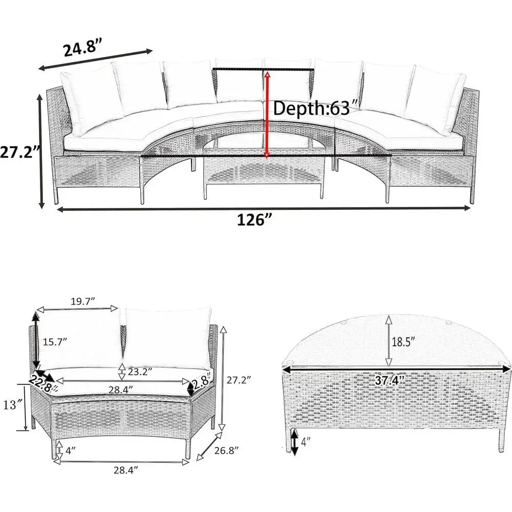 All-Weather Brown PE Rattan Half-Moon Sofa Set with Tempered Glass Table, Outdoor Patio Sectional Furniture for Garden and Pools from PriceLows™