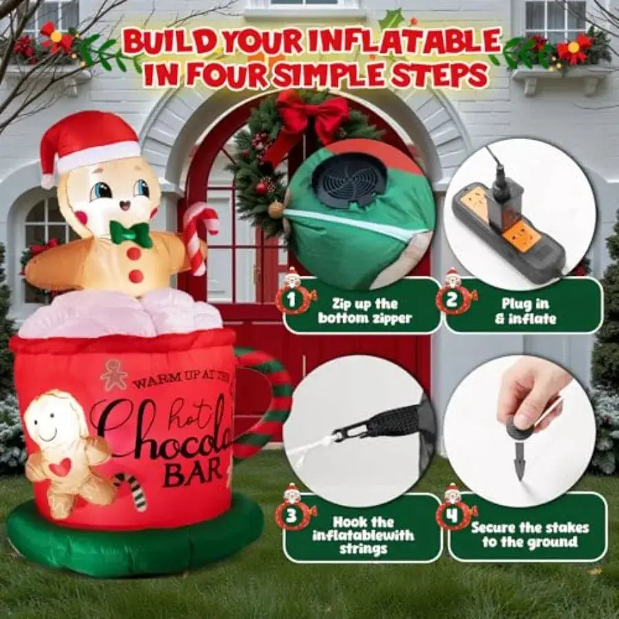 Inflatable Gingerbread Man | 6.5 Ft Led Lights | Weatherproof PVC | Red White