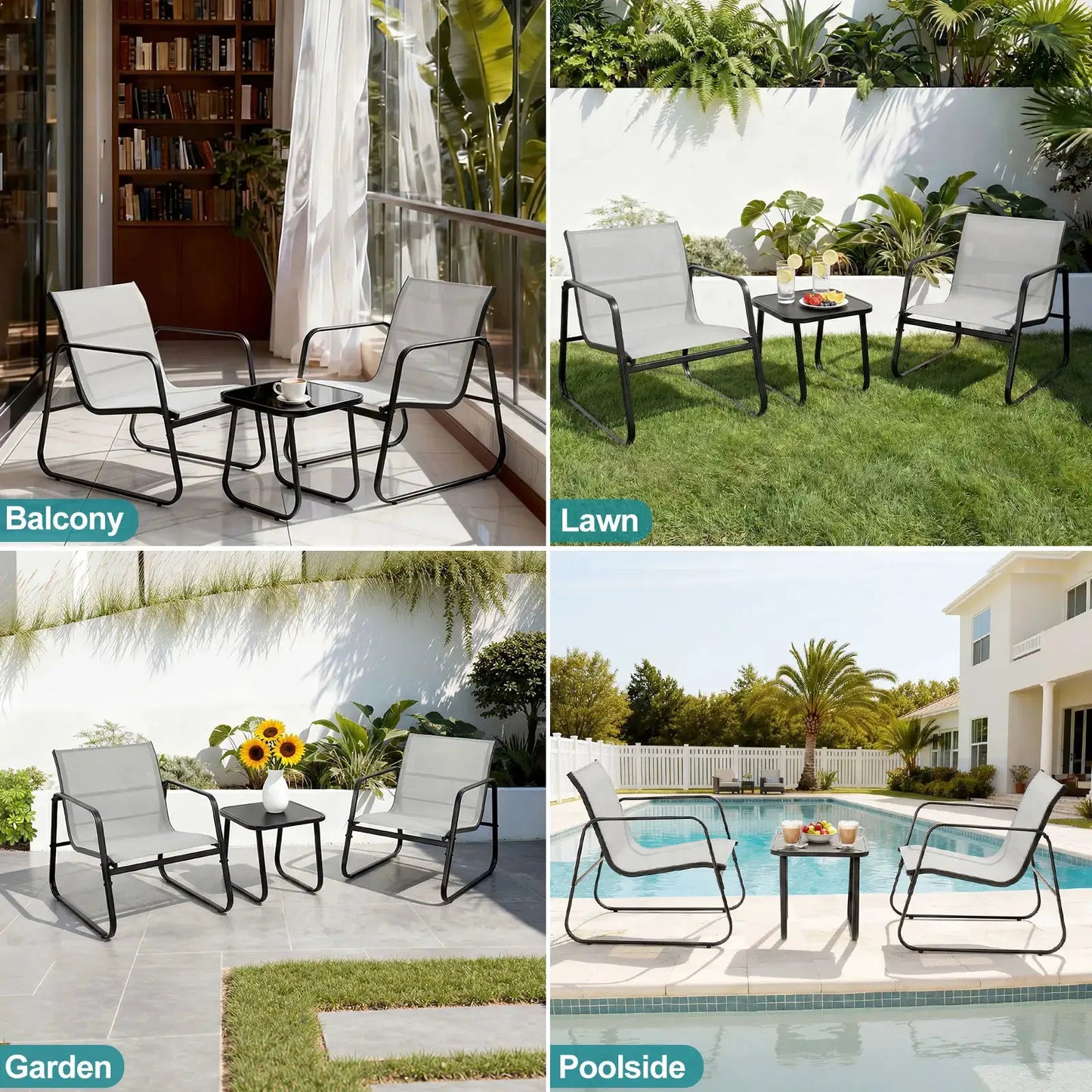 JHK Patio Furniture 3 Pieces Set with Table Outdoor Metal Frame Lumbar Support Mesh Backrest Sectional Balcony Sets for Garden from PriceLows™