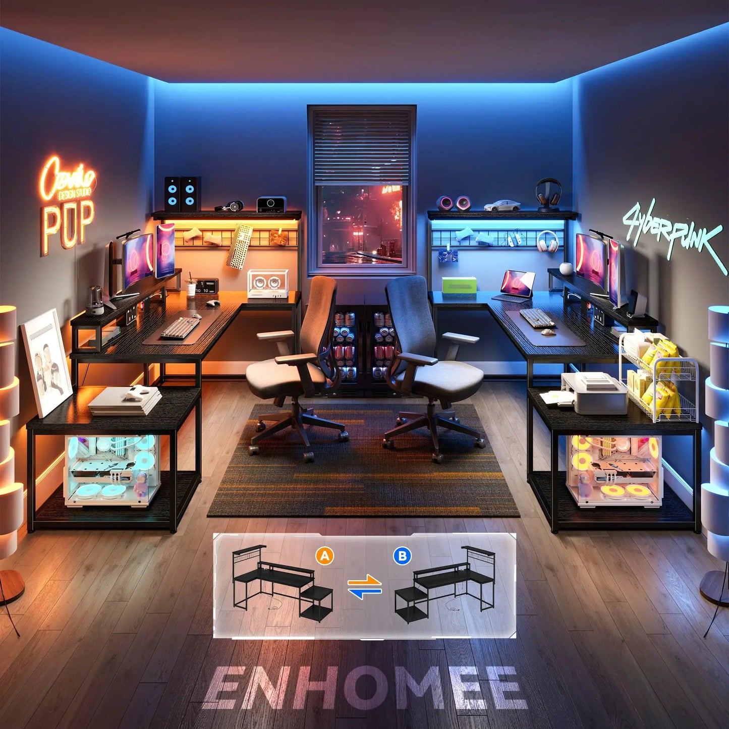EnHomee 63.5"W L Shaped Gaming Desk with Power Outlets, LED Lights, Monitor Stand & Shelves for Home Office from PriceLows™
