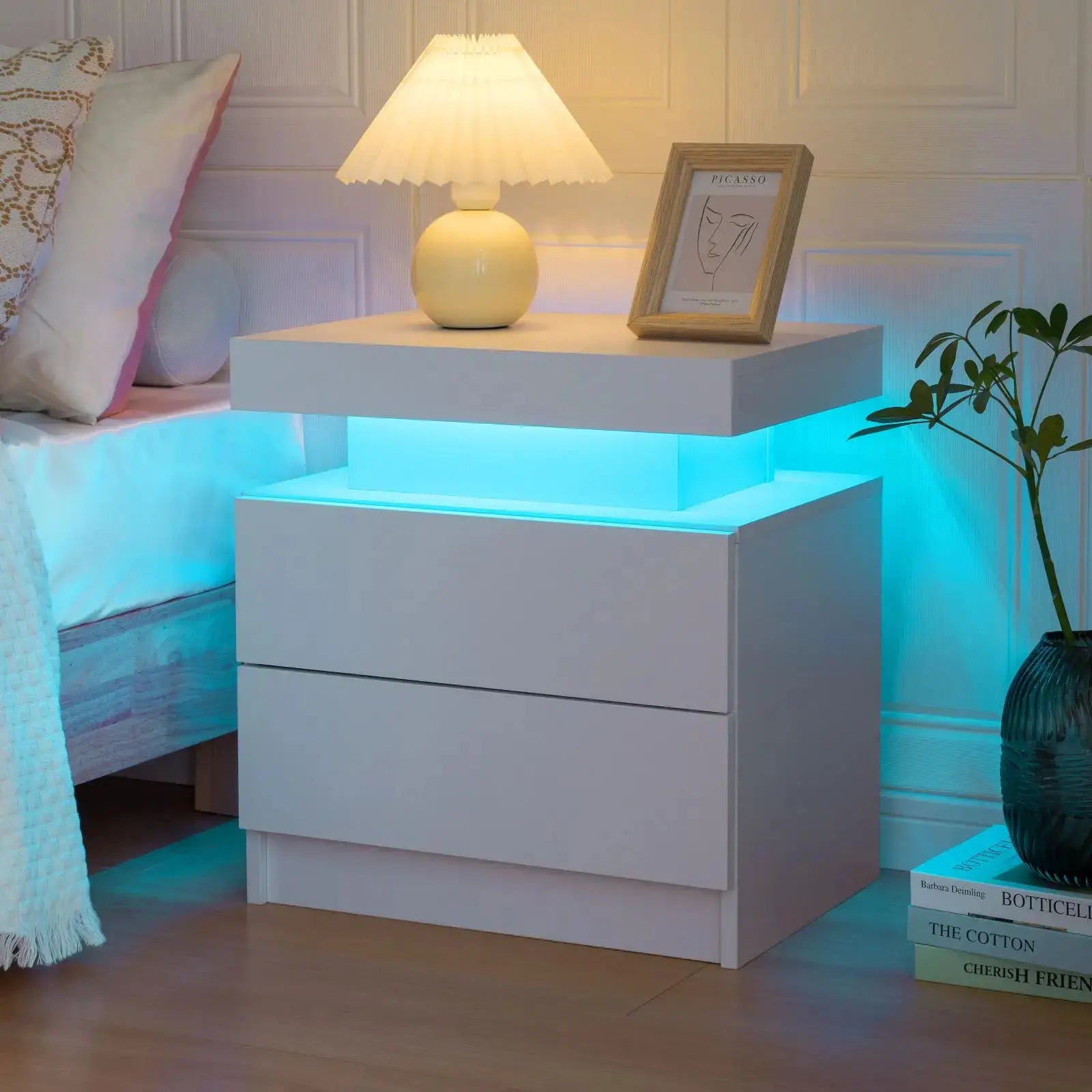 Cubehom LED Nightstands with 2 Drawers, End Table with RGB LED Lights for Bedroom Living Room, White Bedside Table from PriceLows™