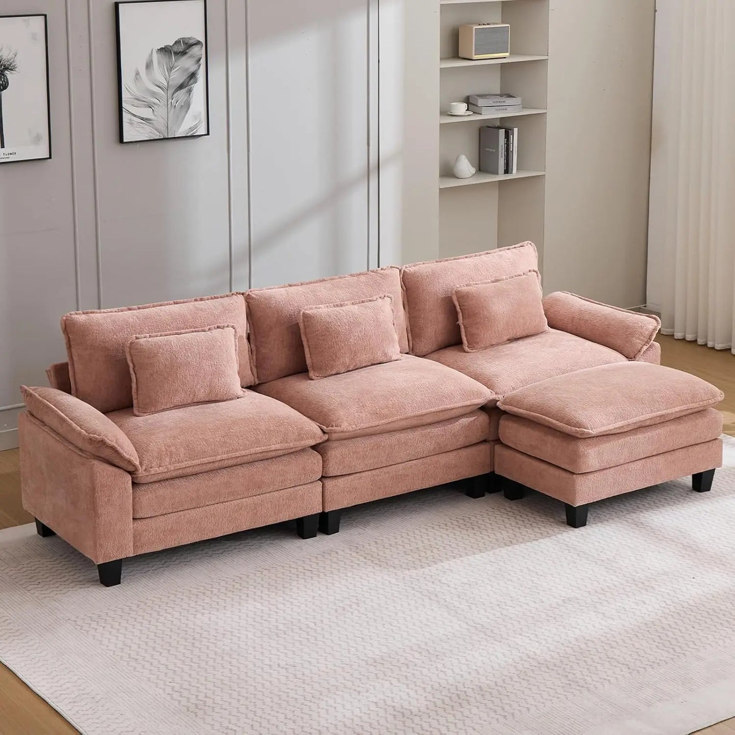 Sectional Sofa | L-Shaped With Ottoman | Chenille Fabric | Seating For Four