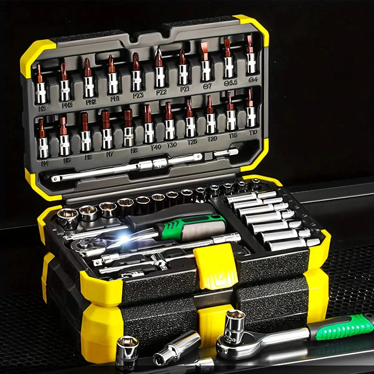 53 Piece Set of 1/4 Inch Socket Ratchet Wrench Set, with Socket Drill Bit Extension Rod Suitable for Automotive Repair with Case from PriceLows™