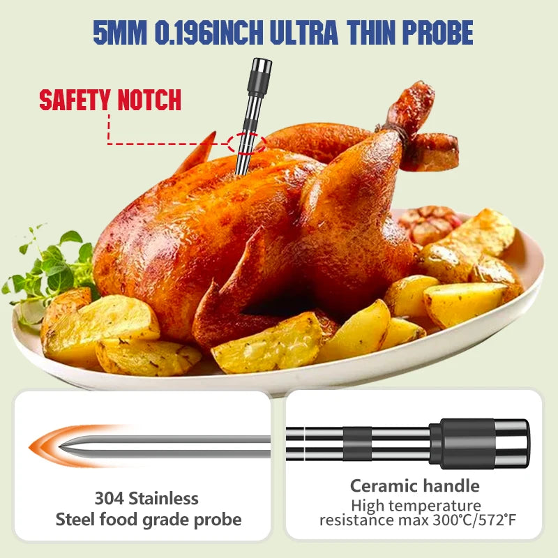 Smart Wireless Meat Thermometer | 5mm Thin Probe | Bluetooth LCD | Grill Oven