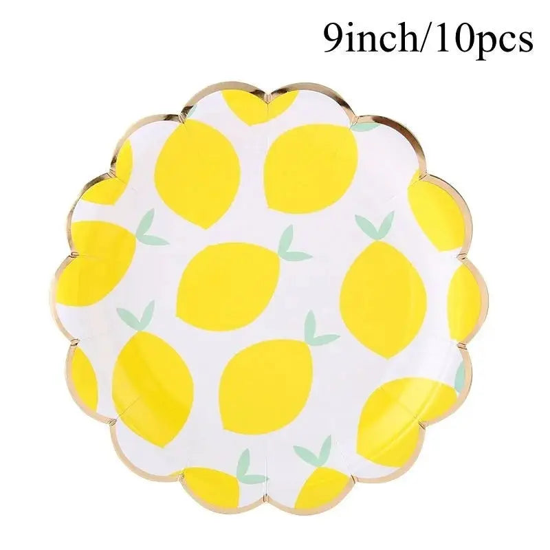 Lemon Disposable Party Tableware Set | Brown Paper Cups Plates Cake Toppers