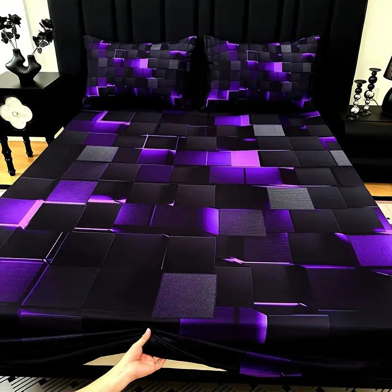 3pcs Cool Technology Digital Printing Material Plaid Fitted Sheet(1pc Bed Sheet+2pcs Pillowcase No Filling) Deep Pocket In 15 In from PriceLows™