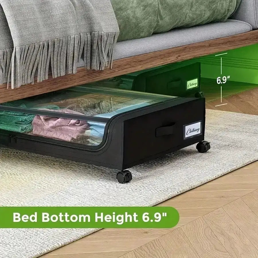 Under Bed Storage | Rolling Wheels | Black Fabric Clear Zip Lid | 2 Pack
