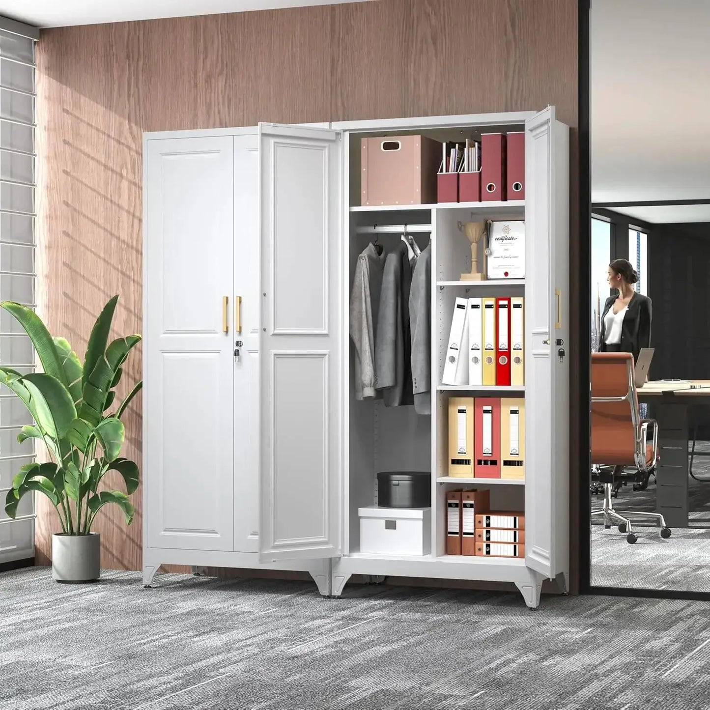 71" Metal Wardrobe Closet with Locking Doors, White Storage Cabinet with Hanging Rod & 3 Shelves for Home Office, Gym from PriceLows™