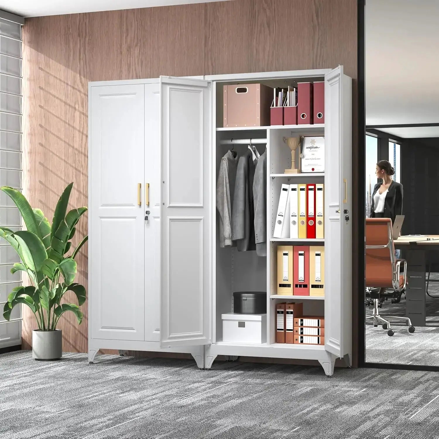 71" Metal Wardrobe Closet with Locking Doors, White Storage Cabinet with Hanging Rod & 3 Shelves for Home Office, Gym from PriceLows™
