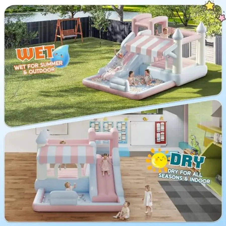 Inflatable Bounce House for indoor outdoor use, PVC material, pastel color, includes water slide, jumping area, climbing wall a from PriceLows™
