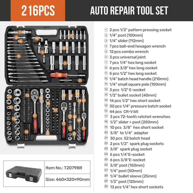 Hi-Spec 216PCS Mechanics Tool Set 1/4" 3/8" 1/2" Drive Socket Wrench Kit Ratchet Mixed Wrenches Auto Repair Tool Box Case from PriceLows™