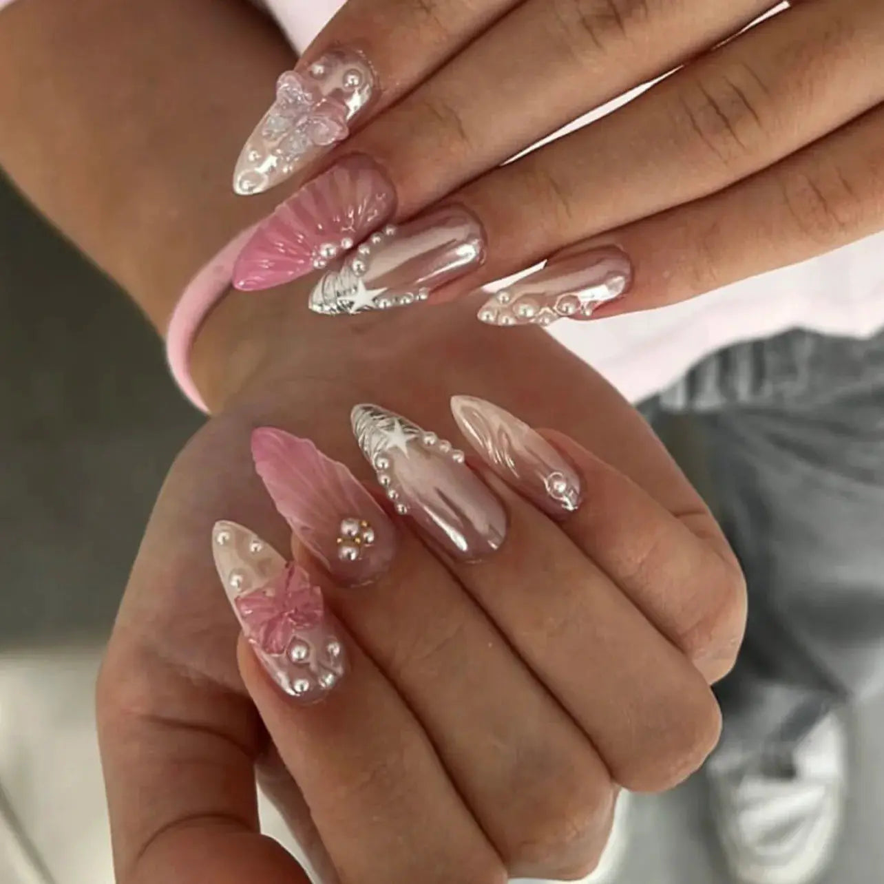 Almond Press On Nails | Acrylic Finish | Pearl Flower Design | 24 Piece Set