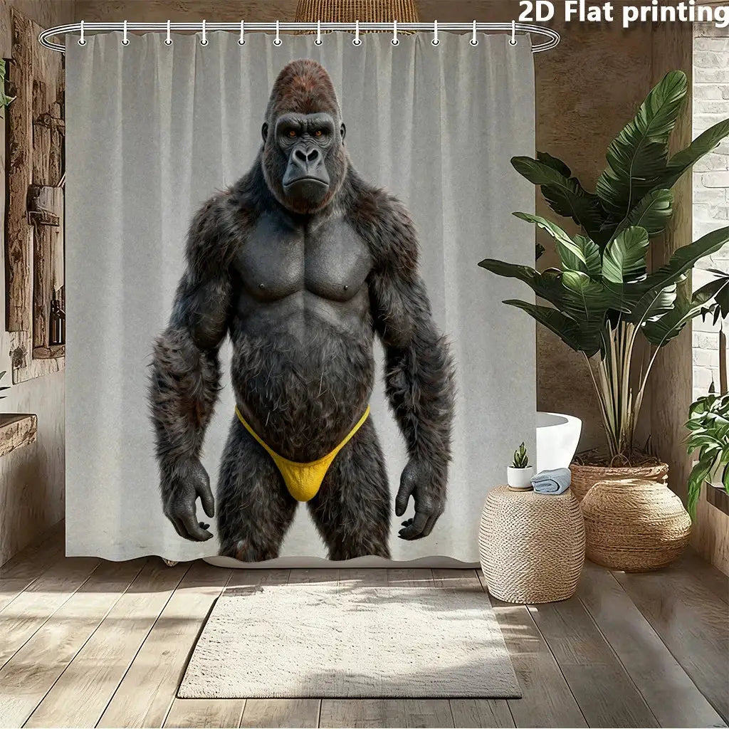 Funny Gorilla Shower Curtain, Strong Ape in Yellow Underwear, Novelty Animal Print Waterproof Bathroom Decor 3D Realistic Design from PriceLows™