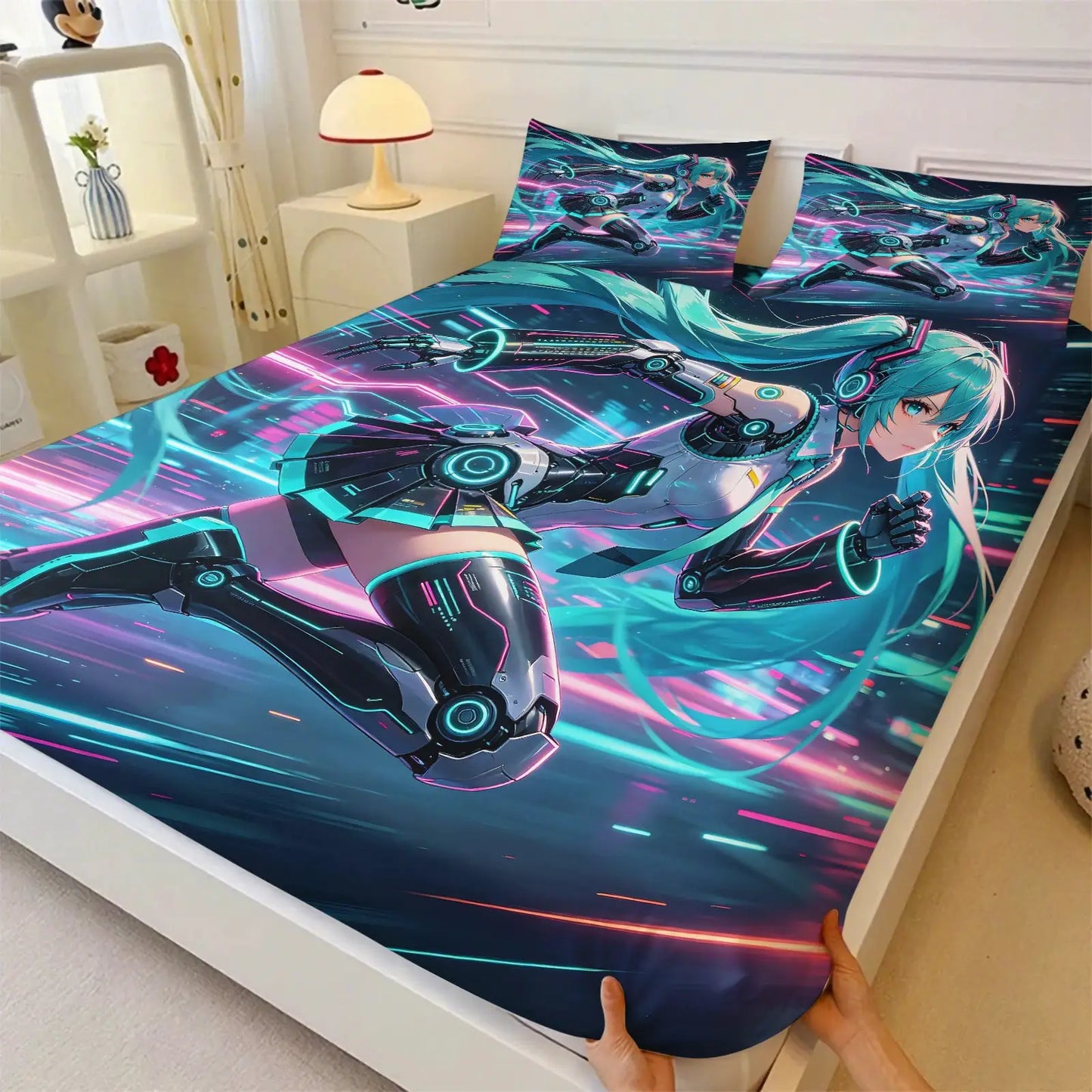 3Pcs Hatsune Miku Chibi Style Fitted Sheet Set Cute Anime Bed Cover with Pillowcases Deep Pocket Teen Room Fans Room Decor Gift from PriceLows™
