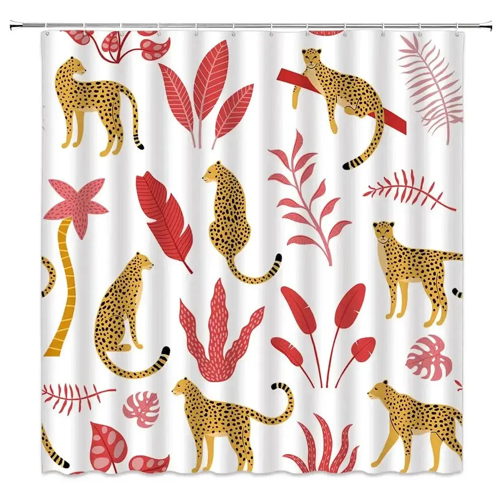 Boho Cheetah Shower Curtain,Tropical Leopard Wildlife Bath Curtain,Modern Pink Aesthetic Moon Phase Blue Floral Bathroom Curtain from PriceLows™