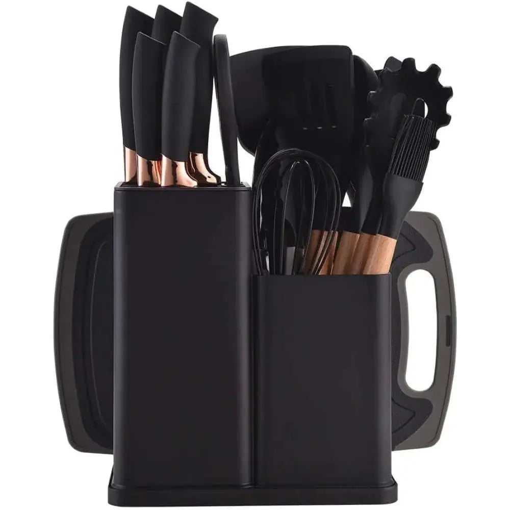 19 Piece Black Cutlery Set; Cooking Spatula Spoon Kitchenware with Storage Bucket Knife Set; Non-Stick Cookware from PriceLows™