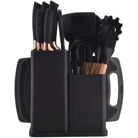 19 Piece Black Cutlery Set; Cooking Spatula Spoon Kitchenware with Storage Bucket Knife Set; Non-Stick Cookware from PriceLows™