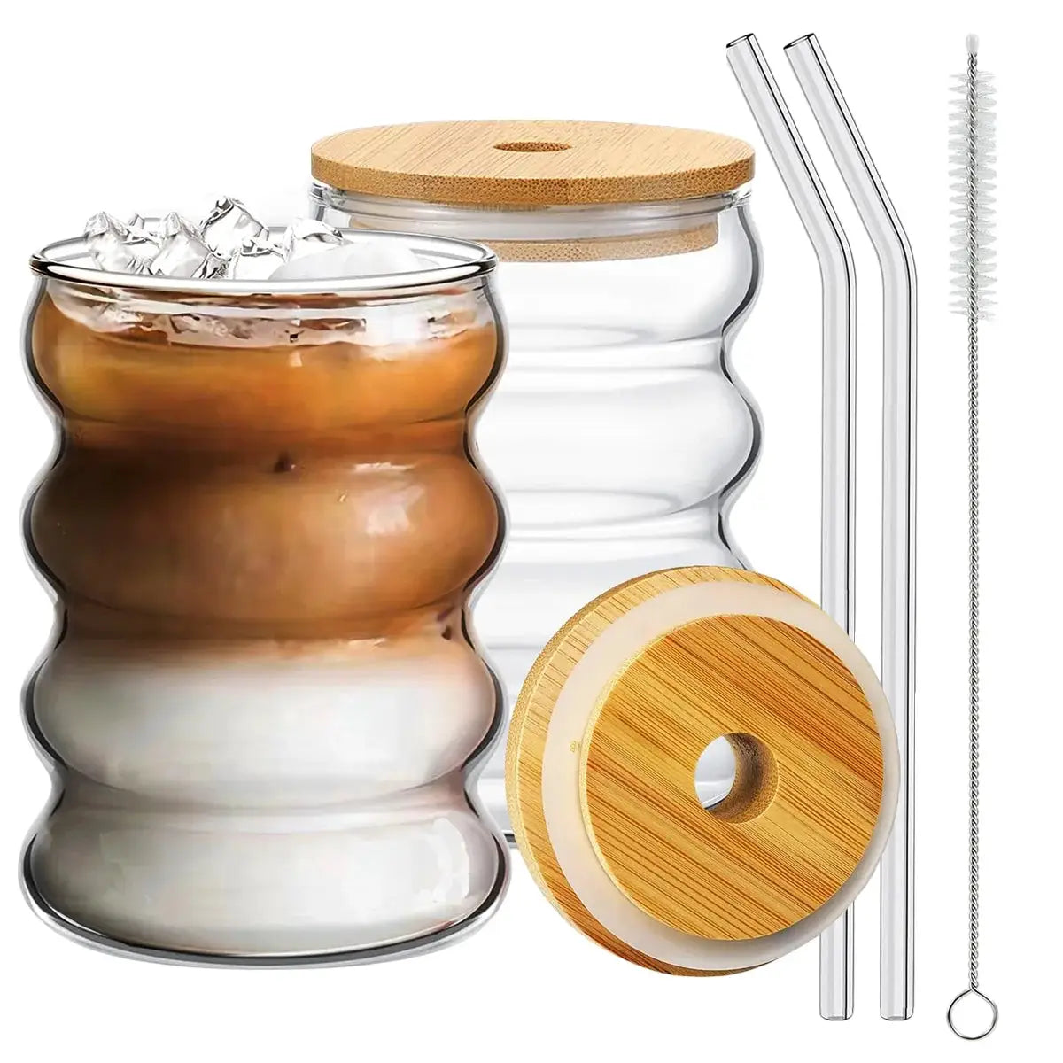 Leeseph 2pcs Creative Glass Cups with Lids and Straws Brush, Cute Cup Wave Shape Beverage Glasses for Juice Coffee Tea Ice Drink from PriceLows™
