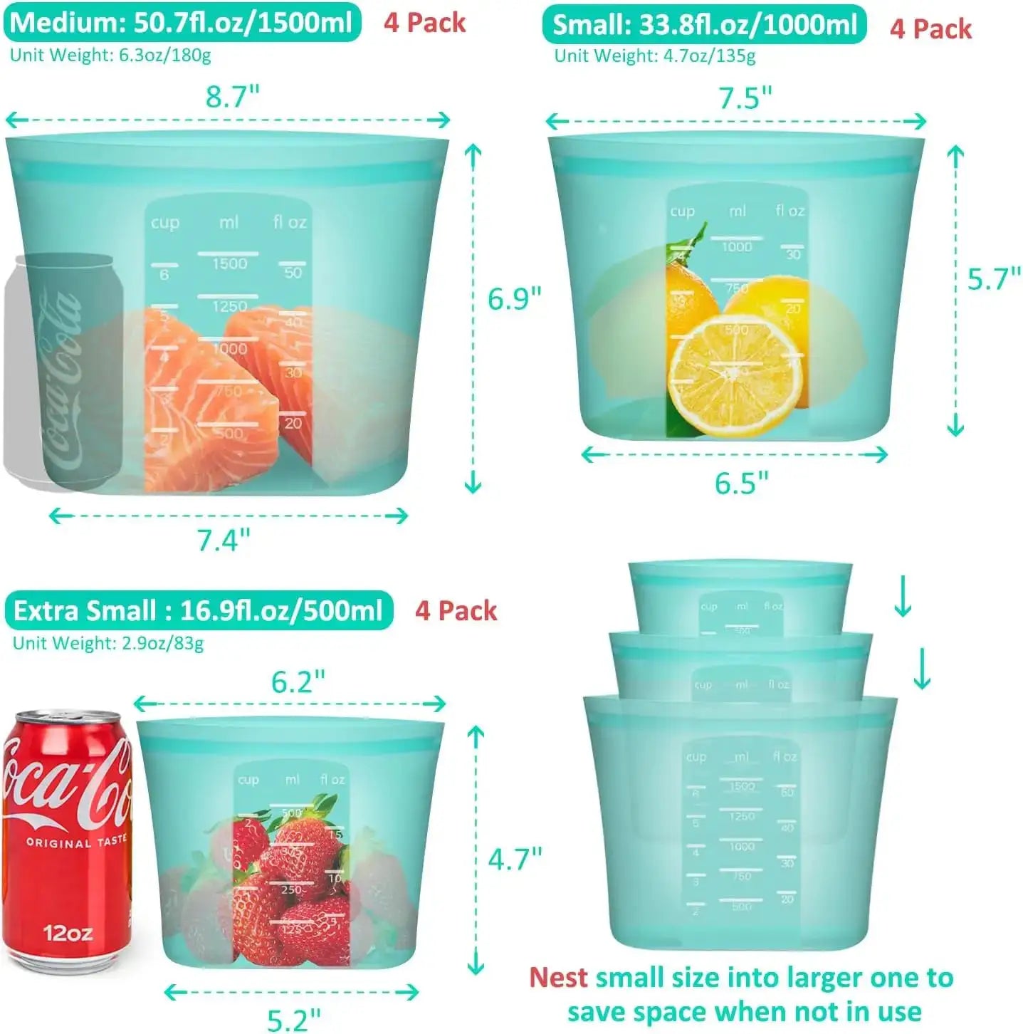 Reusable Silicone Bags | Stand Up Zip Lock | Freezer Safe | 4 Med 4 Sm 4 XS