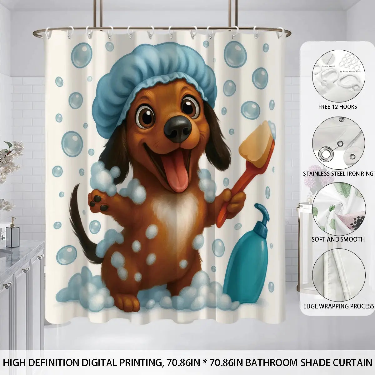 1pc Cute Bathing Sausage Dog Printe Shower Partition Privacy Hanging Curtain with 12 Hooks Multiple Sizes Easy Installation from PriceLows™