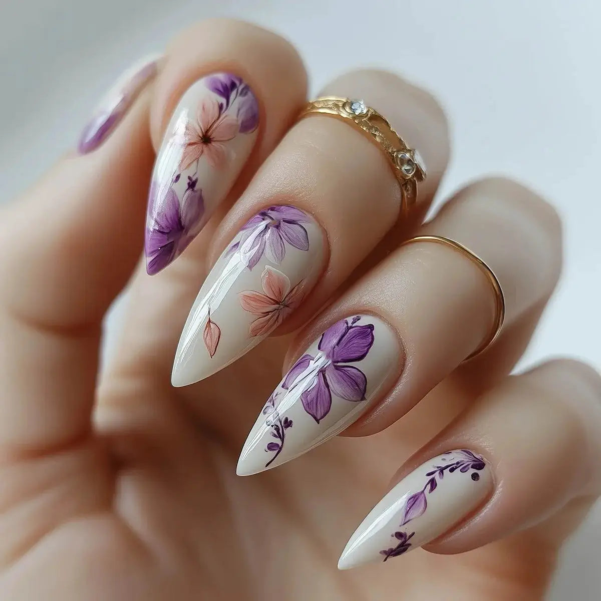 Press On Nails | Resin Coffin Shape | French Floral Print | 24 Pieces