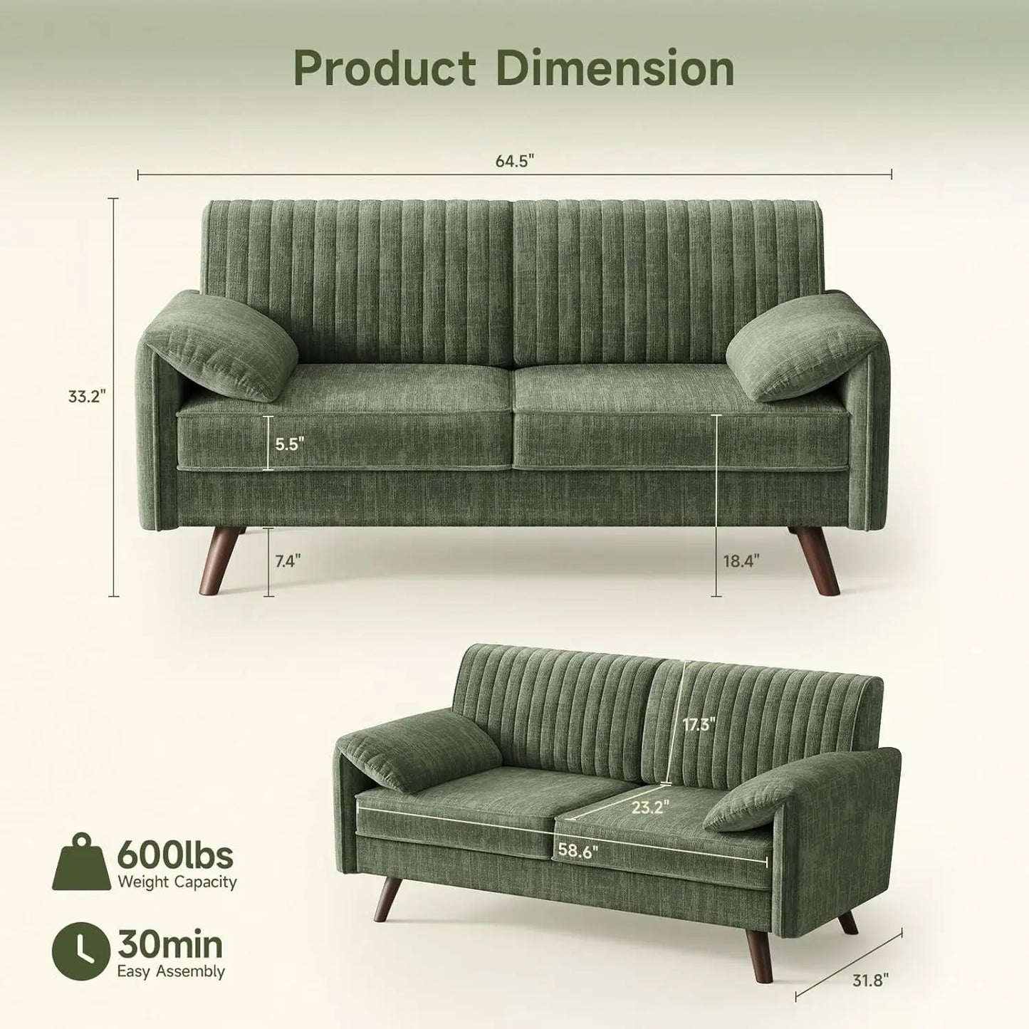 Chenille Loveseat Sofa | 64.5 Inch Length | Deep Seat Arms | Customized