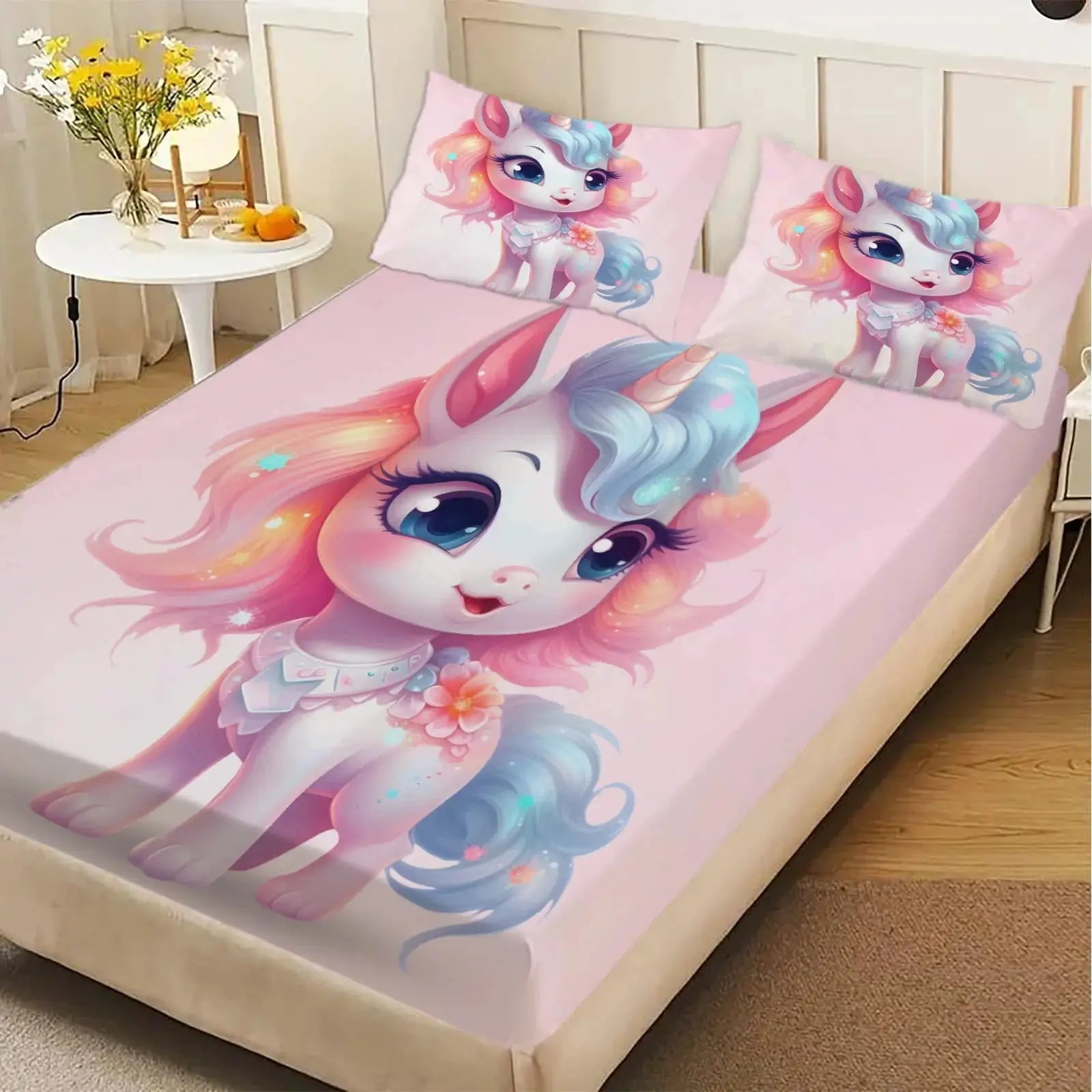 1pc Cute Pastel Unicorn Print Fitted Sheet Deep Pocket Elastic Mattress Cover Single Double Queen King Bedroom Decor from PriceLows™
