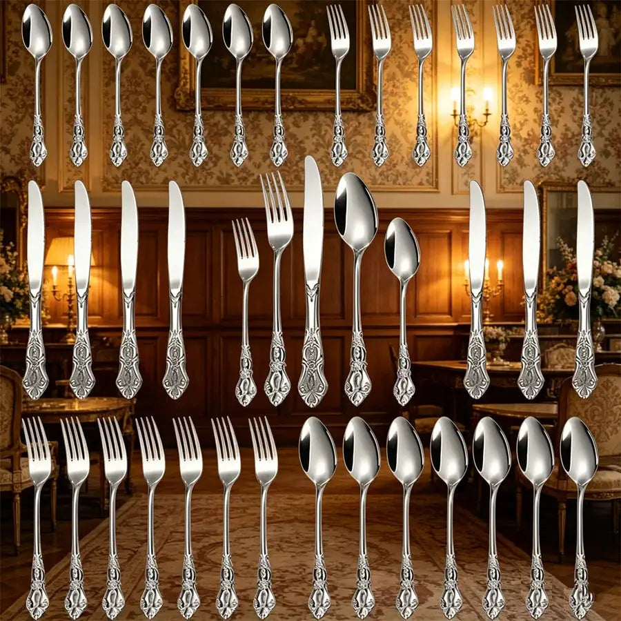 40pcs elegant silver cutlery set features stainless steel openwork handles and includes forks, spoons, and knives. Perfect for w from PriceLows™