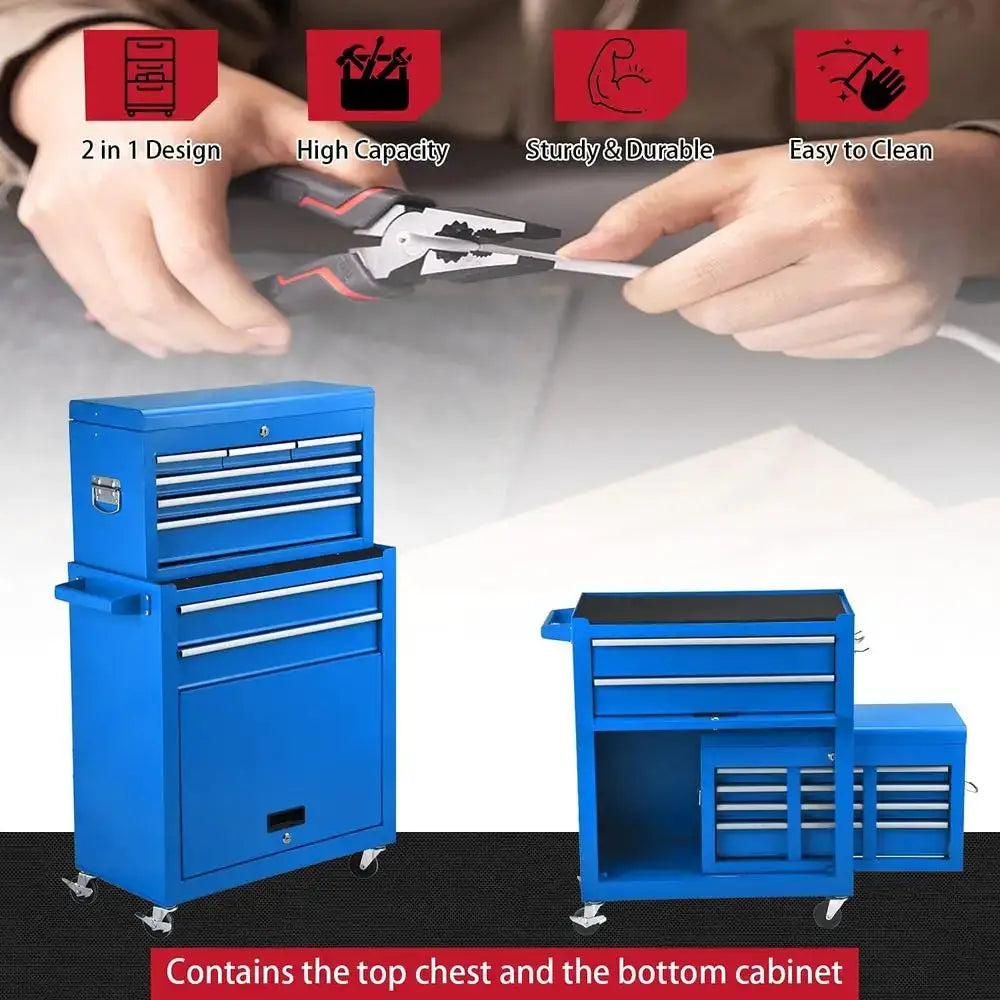 2-in-1 High-Capacity Rolling Tool Chest with 8 Drawers, Detachable Organizer, 4 Wheels, Lockable Blue Tool Storage Cabinet for G from PriceLows™
