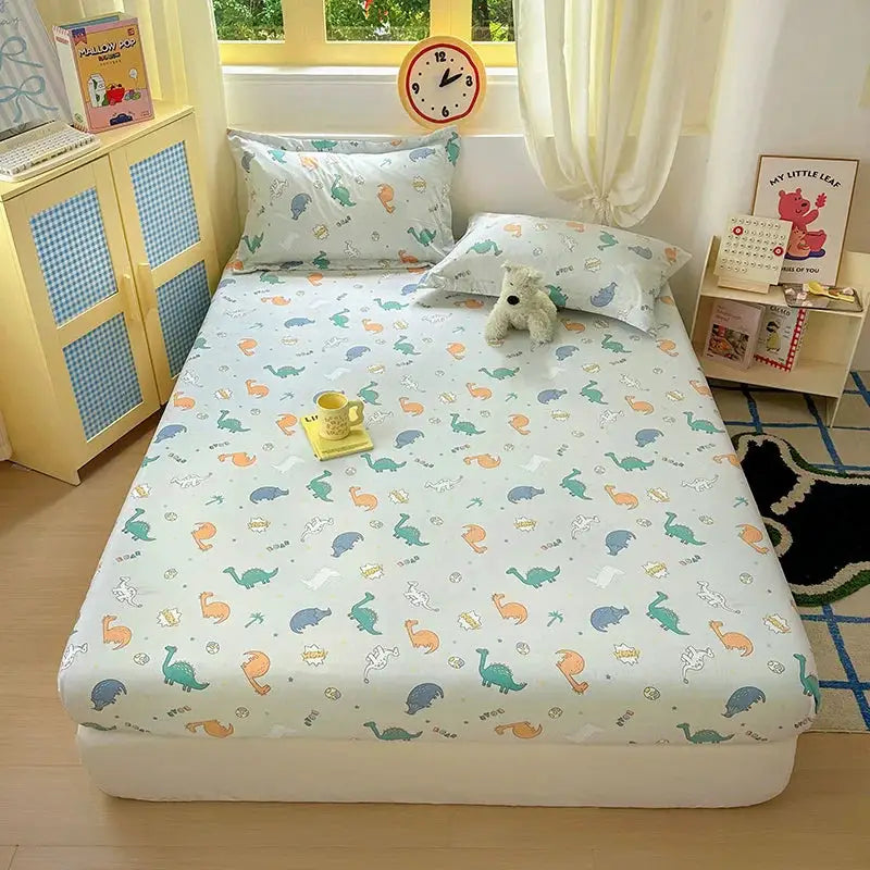 Cartoon Dinosaurs Fitted Sheet 1Pc Kawaii Mattress Cover Wild Animal Flower Leaf Bedding Set for Boys Girls Adult No Pillowcases from PriceLows™