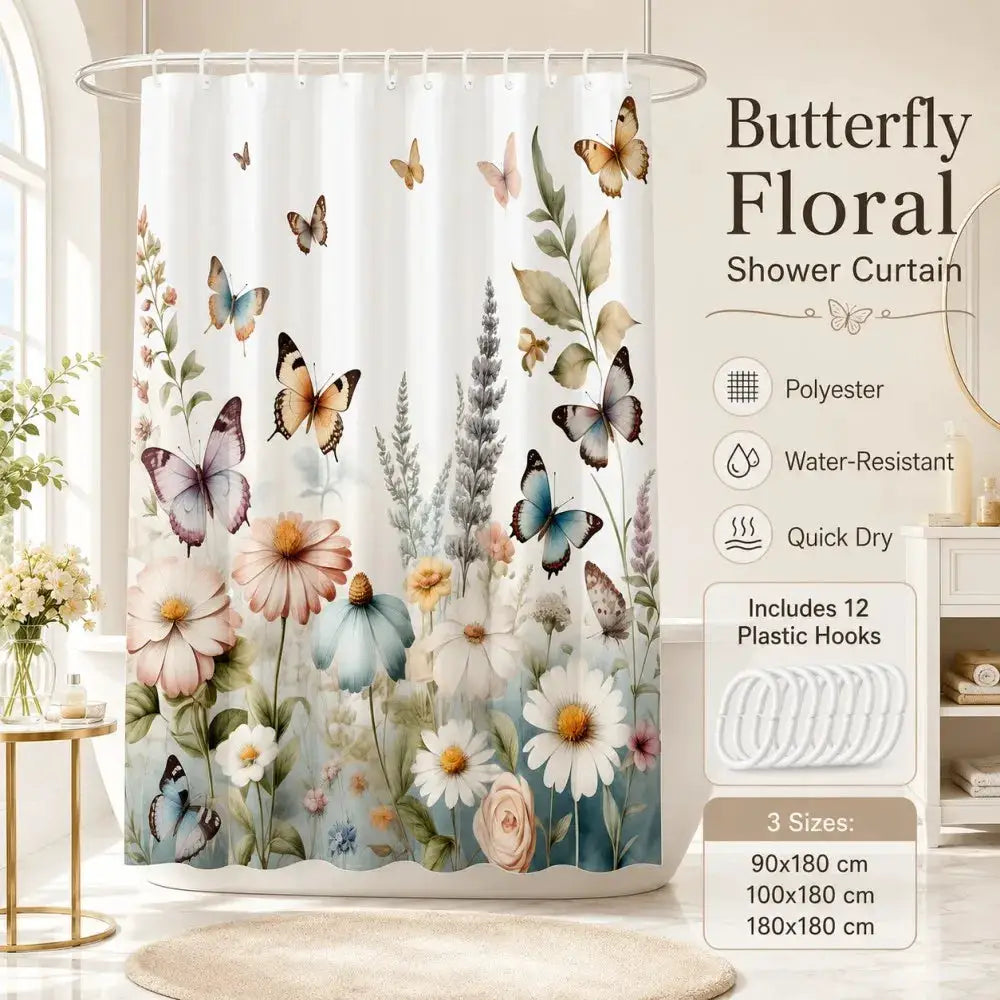 Butterfly Floral Shower Curtain Daisy Flower Print Bath Screen Waterproof Polyester Bathroom Decoration Set All Season Universal from PriceLows™