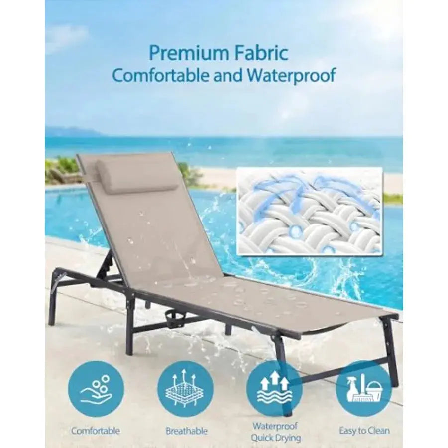 Outdoor chaise lounge chair for poolside, beach, patio use; khaki fabric; foldable, assembly-free design with cup holder, detac from PriceLows™