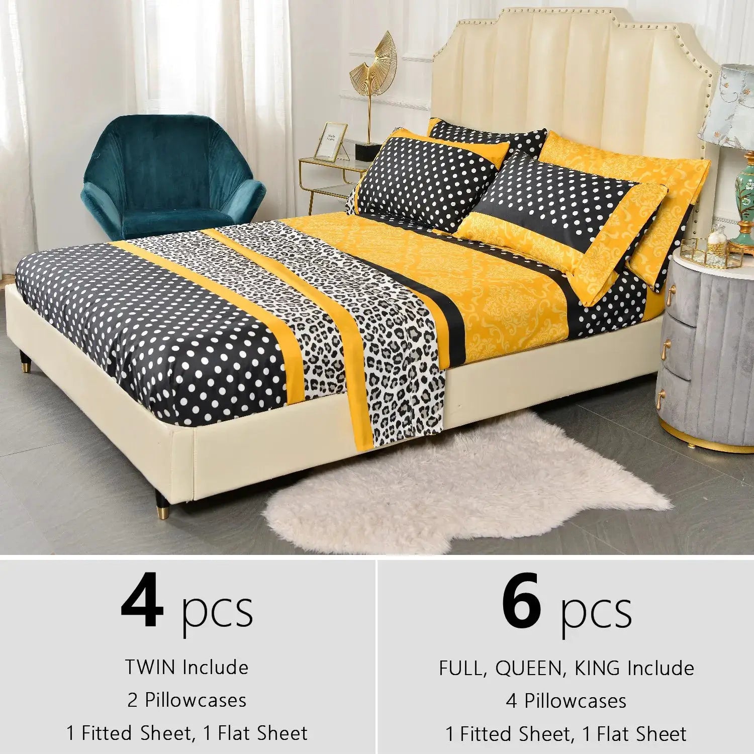 us4/6pcs Printed Microfiber Bed Sheet Set – Easy Care, Lightweight, Breathable, and Soft - 14 inches Deep Pocket - Patchwork Patterned - Twin, Full, Queen and Kingd from PriceLows™