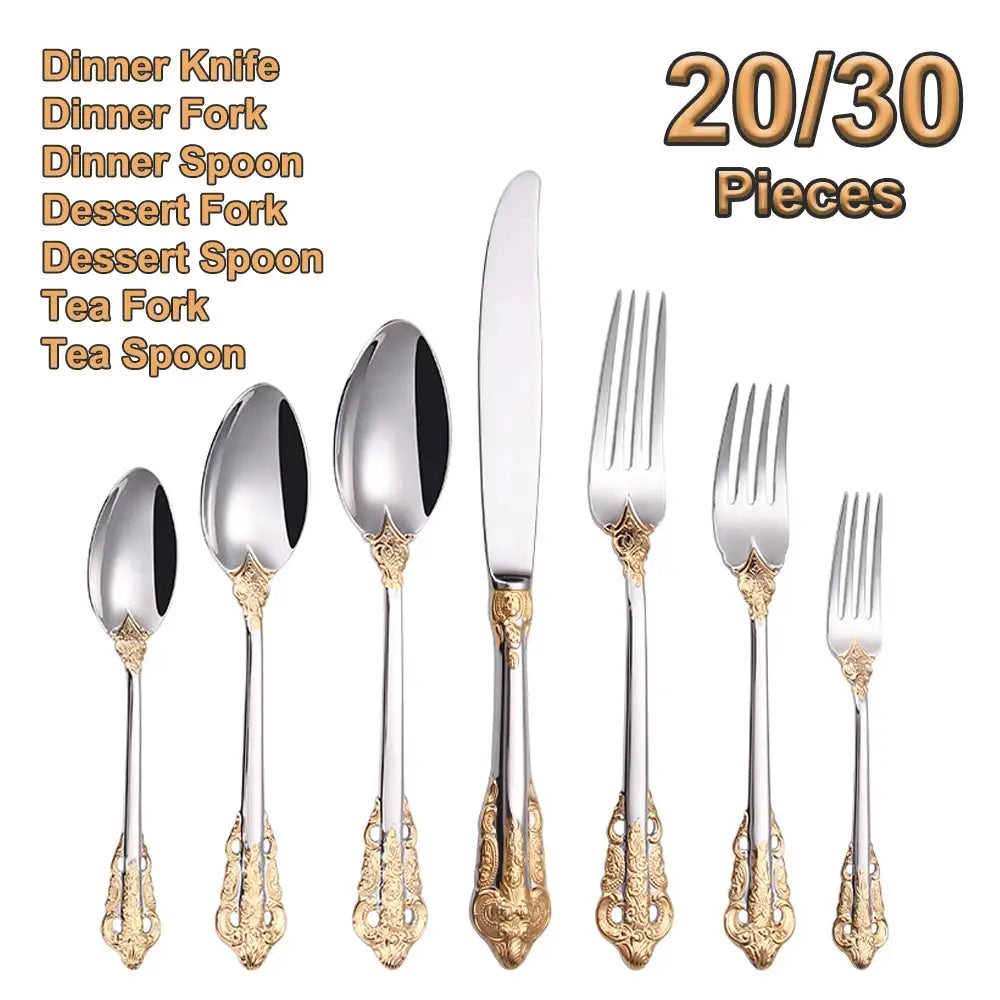 30 Pieces Gold Plated Luxury Cutlery Set Stainless Steel Vintage Western Tableware Sliver Knife Spoon Fork Set Kitchen Utensils from PriceLows™