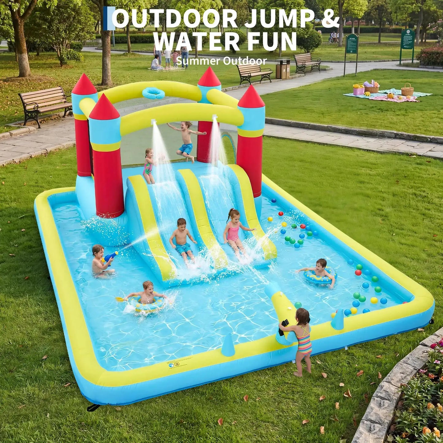 14FT Inflatable Bounce House Jump House For Kids With Slide, 350W Blower, 7-in-1 Indoor Outdoor Water Park Splash Pool from PriceLows™